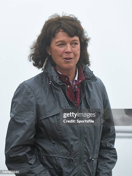 March 2014; Jackie Mullins, wife of trainer Willie Mullins, walking the course before racing. Cheltenham Racing Festival 2014, Prestbury Park,...