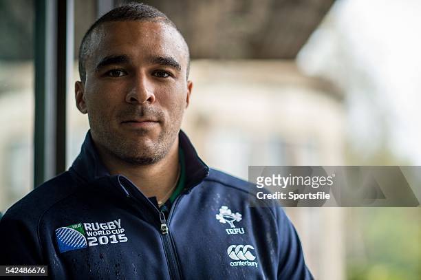 October 2015; Ireland's Simon Zebo poses for a portrait after a press conference. Ireland Rugby Press Conference, 2015 Rugby World Cup, Celtic Manor...