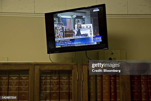 Live video of Representative Jackie Speier, a Democrat from California, is broadcast on C-SPAN during a House Democratic sit-in on gun legislation in...