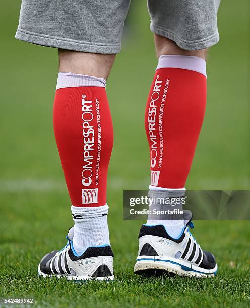 March 2014; Compression socks worn by Leinster's Brian O'Driscoll during squad training ahead of their side's Heineken Cup Quarter-Final game against...