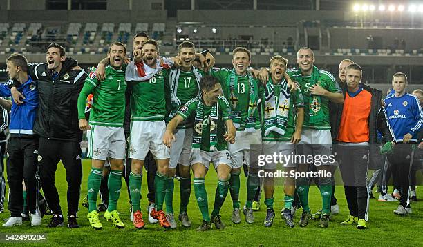 October 2015; Northern Ireland players celebrate after the game. UEFA EURO 2016 Championship Qualifier, Group F, Northern Ireland v Greece. Windsor...