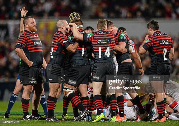 April 2014; Saracens players celebrate at the final whistle. Heineken Cup Quarter-Final, Ulster v Saracens, Ravenhill Park, Belfast, Co. Antrim....