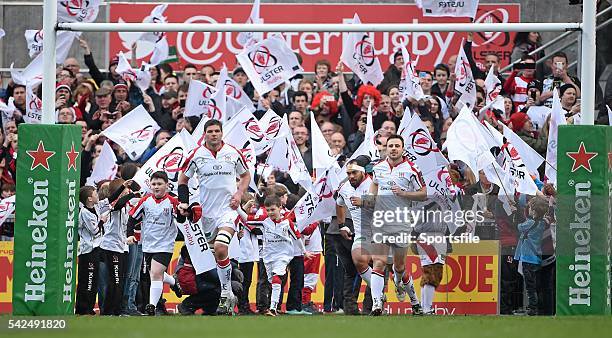 April 2014; Ulster captain Johann Muller leads his side out before the game. Heineken Cup Quarter-Final, Ulster v Saracens, Ravenhill Park, Belfast,...