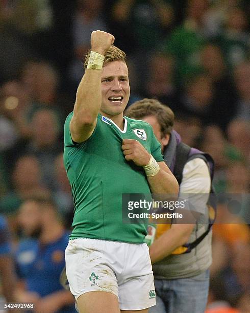 October 2015; Ireland's Ian Madigan salutes the crowd with his hand on his heart after the game. 2015 Rugby World Cup Pool D, Ireland v France....