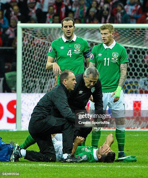 October 2015; Shane Long, Republic of Ireland, receives medical assistance before being substituted. UEFA EURO 2016 Championship Qualifier, Group D,...