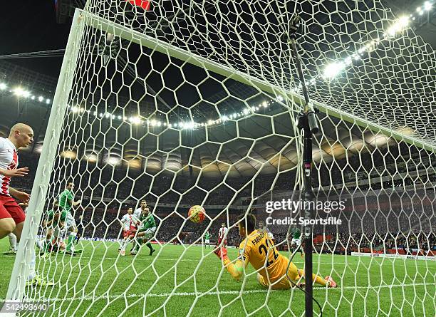 October 2015; Richard Keogh, Republic of Ireland, has his header saved by Poland goalkeeper Lukasz Fabianski. UEFA EURO 2016 Championship Qualifier,...