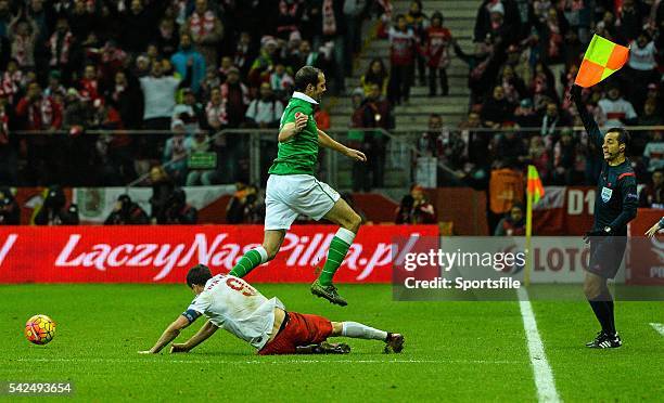 October 2015; John O'Shea, Republic of Ireland, is sent off after fouling Robert Lewandowski, Poland. UEFA EURO 2016 Championship Qualifier, Group D,...