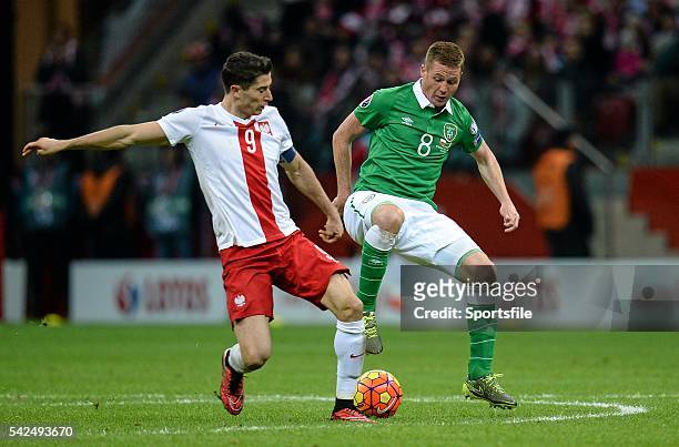 October 2015; James McCarthy, Republic of Ireland, in action against Robert Lewandowski, Poland. UEFA EURO 2016 Championship Qualifier, Group D,...