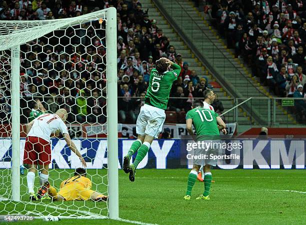 October 2015; Richard Keogh, Republic of Ireland, reacts after his header was saved by Poland goalkeeper Lukasz Fabianski. UEFA EURO 2016...