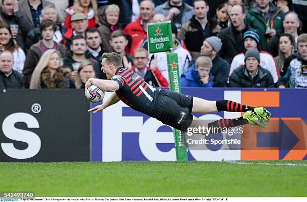 April 2014; Saracens' Chris Ashton goes over to score his side's first try. Heineken Cup Quarter-Final, Ulster v Saracens, Ravenhill Park, Belfast,...