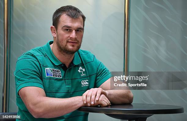 October 2015; Ireland's Rhys Ruddock poses for a portrait after a press conference. Ireland Rugby Press Conference, Hilton Hotel, Cardiff, Wales....