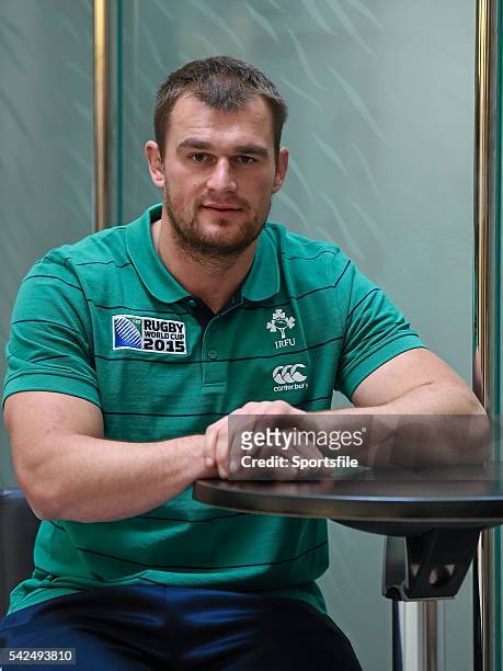 October 2015; Ireland's Rhys Ruddock poses for a portrait after a press conference. Ireland Rugby Press Conference, Hilton Hotel, Cardiff, Wales....
