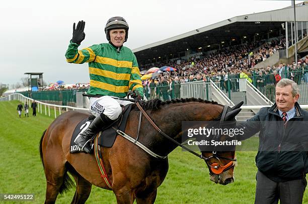 May 2014; Jockey Tony McCoy celebrates after winning the Racing Post Champion Hurdle aboard Jezki. Punchestown Racecourse, Punchestown, Co. Kildare....