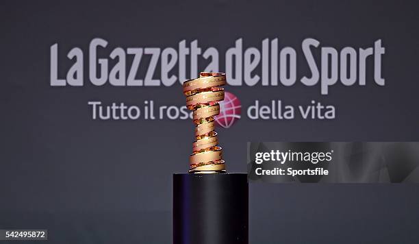 May 2014; The Giro D'Italia trophy 'Trofeo Senza Fine' on stage during the Giro D'Italia opening cermony. City Hall, Belfast, Co. Antrim. Picture...