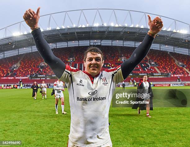 May 2014; Sean Doyle, Ulster, celebrates after victory over Munster. Celtic League 2013/14, Round 22, Munster v Ulster, Thomond Park, Limerick....