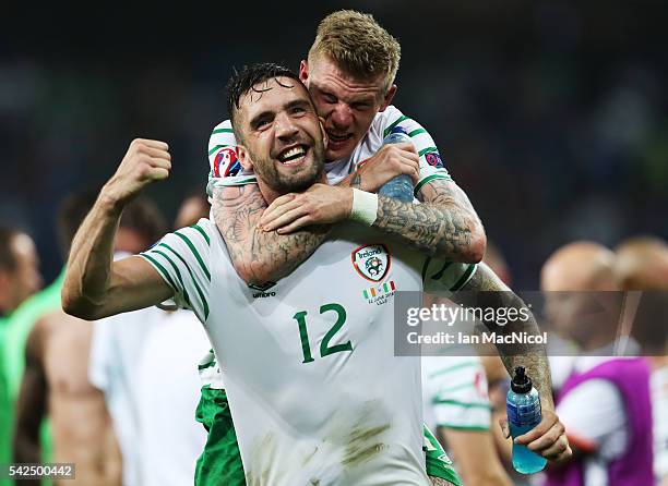 Shane Duffy of Republic of Ireland celebrates with James McClean of Republic of Ireland at the final whistle during the UEFA EURO 2016 Group E match...