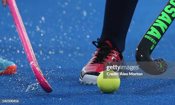 Close up view of the action during the FIH Women's Hockey Champions Trophy match between Great Britain and USA at Queen Elizabeth Olympic Park on...