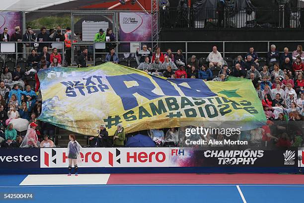 Next Stop Rio" flad in the crowd during the FIH Women's Hockey Champions Trophy match between Great Britain and USA at Queen Elizabeth Olympic Park...