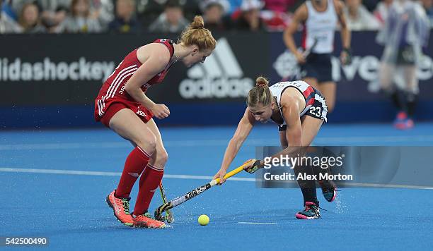 Helen Richardson-Walsh of Great Britain and Katelyn Falgowski of USA during the FIH Women's Hockey Champions Trophy match between Great Britain and...