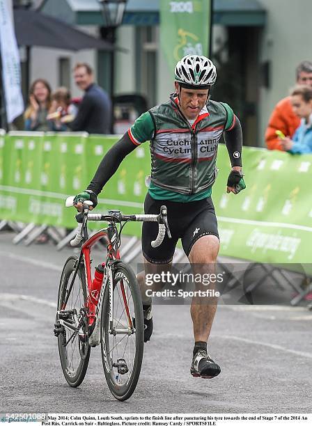 May 2014; Colm Quinn, Louth South, sprints to the finish line after puncturing his tyre towards the end of Stage 7 of the 2014 An Post Rás. Carrick...