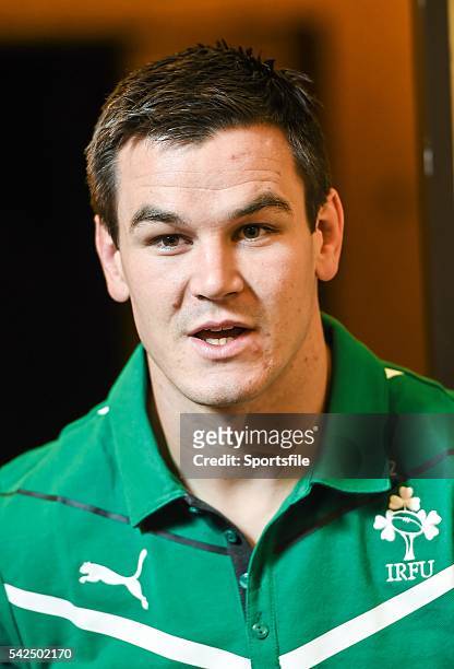 June 2014; Ireland's Jonathan Sexton speaks to media at the team hotel during a press conference ahead of their opening Summer Tour 2014 test game...