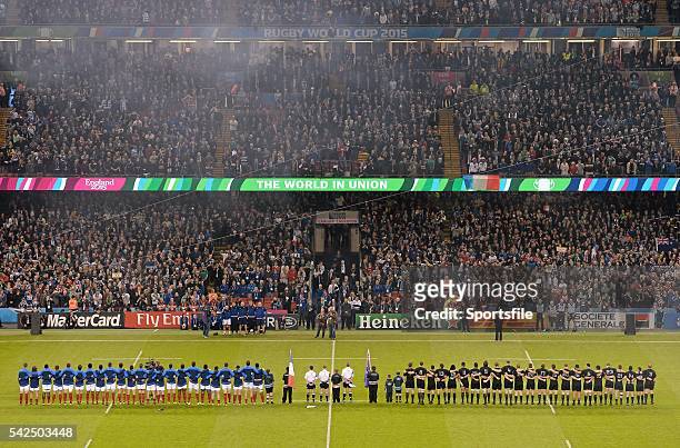October 2015; The teams stand for the national anthems ahead of the game. 2015 Rugby World Cup, Quarter-Final, New Zealand v France. Millennium...
