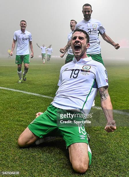 November 2015; Robbie Brady, Republic of Ireland, celebrates after scoring his side's first goal with team-mates. UEFA EURO 2016 Championship...