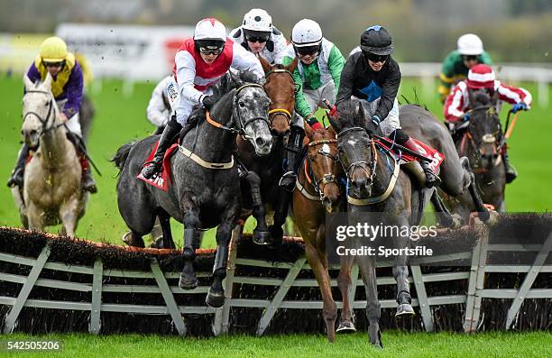 November 2015; Eventual winner Colla Pier, right, with Jack Kennedy up, jumps the last on their way to winning the Irish Daily Mirror Handicap Hurdle...