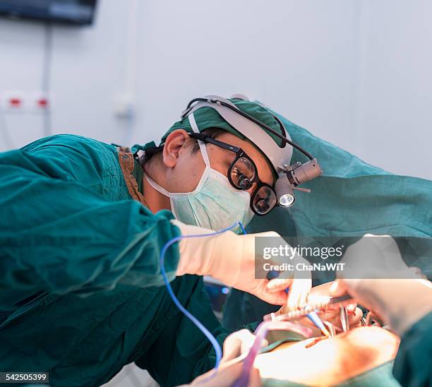 surgeon and team perform the operation - surgical loupes stock pictures, royalty-free photos & images