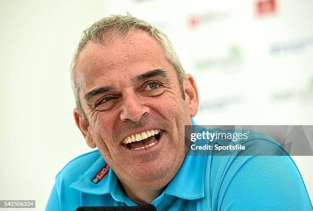 June 2014; Paul McGinley, European Captain for The 2014 Ryder Cup, during a press conference before the practice day of the Irish Open Golf...