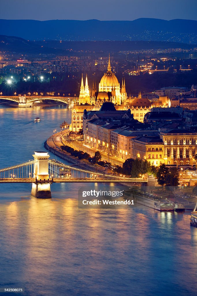 Hungary, Budapest, View to River Danube, Chain Bridge, Margaret Bridge and Parliament Building, Blue hour