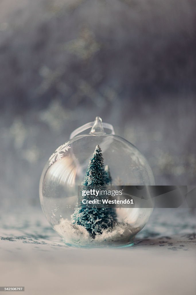 Christmas bauble made of glass with fir tree and artificial snow inside