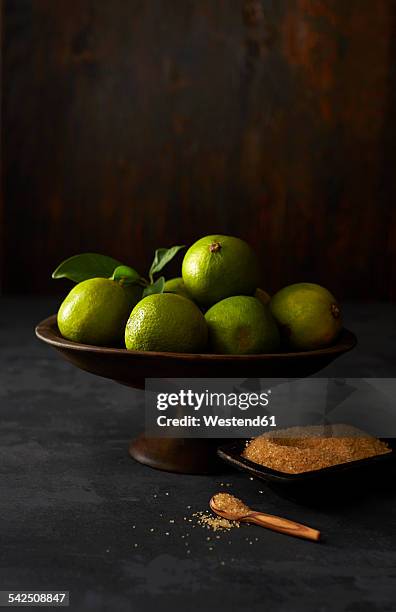 fruit bowl with limes and bowl of cane sugar - caipirinha stock pictures, royalty-free photos & images