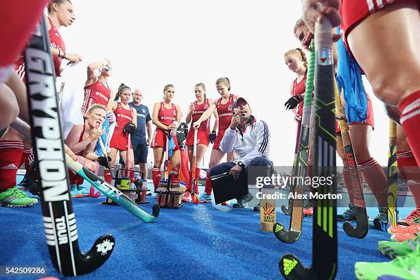 Great Britain coach Craig Keegan talks to his players at first break during the FIH Women's Hockey Champions Trophy match between Great Britain and...