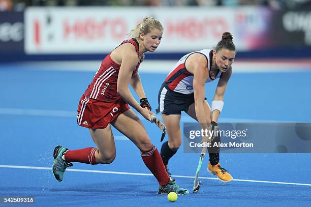 Sophie Bray of Great Britain and Michelle Fasold during the FIH Women's Hockey Champions Trophy match between Great Britain and USA at Queen...
