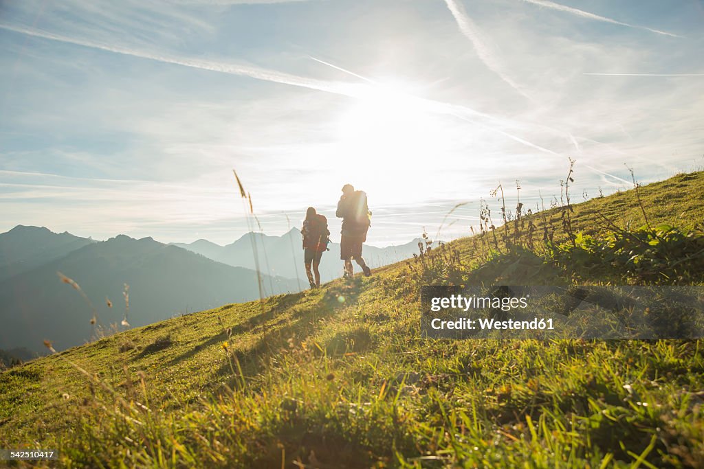 Austria, Tyrol, Tannheimer Tal, young couple hiking on alpine meadow