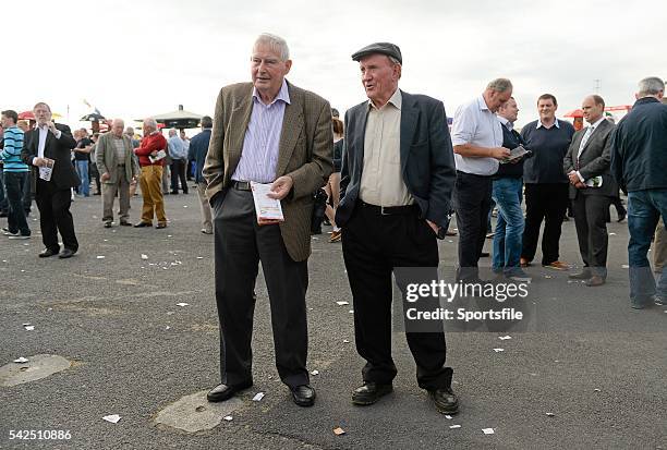 July 2014; Joe Stapleton, left, from Ennis, Co. Clare, and Pat Furey, from Oranmore, Co. Galway, look up the betting prices ahead of the Pillo Hotel...