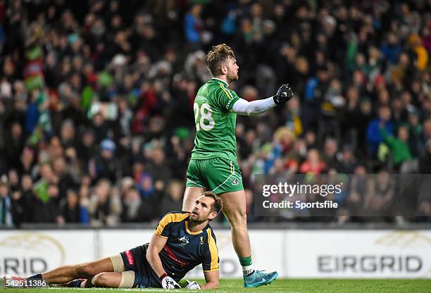 November 2015; Aidan O'Shea, Ireland, celebrates after scoring his and his side's second goal of the game. EirGrid International Rules Test 2015,...