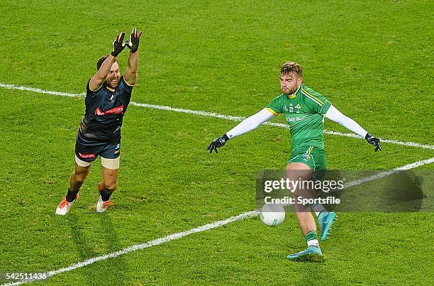 November 2015; Aidan O'Shea, Ireland, scores his side's second goal despite the efforts of Luke Hodge, Australia. EirGrid International Rules Test...