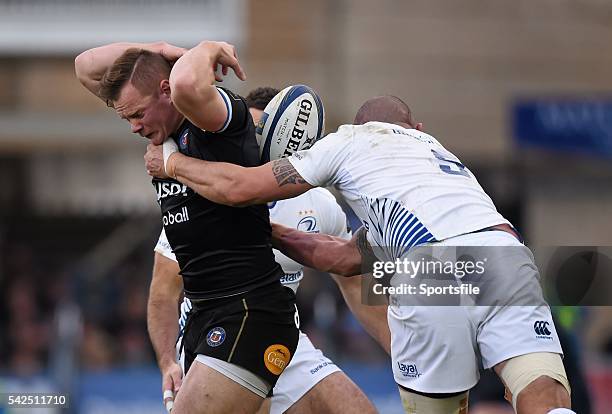 November 2015; Chris Cook, Bath, is tackled by Hayden Triggs, Leinster. European Rugby Champions Cup, Pool 5, Round 2, Bath v Leinster. The...