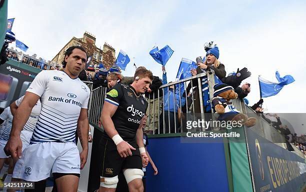 November 2015; Leinster captain Isa Nacewa and Bath captain Stuart Hopper lead their side's out ahead of the game. European Rugby Champions Cup, Pool...