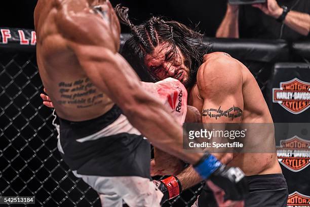 December 2015; Elias Theodorou, right, in action against Thiago Santos during their middleweight bout. UFC Fight Night: VanZant v Namajunas, The...
