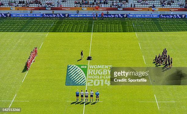 August 2014; The New Zealand team perfom the 'Haka' before their game against Wales. 2014 Women's Rugby World Cup 5th Place Semi-Final, New Zealand v...