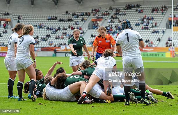 August 2014; Niamh Briggs, Ireland, indicates to referee Amy Perrett before Ireland were awarded their first try, judged by the TMO to have been...