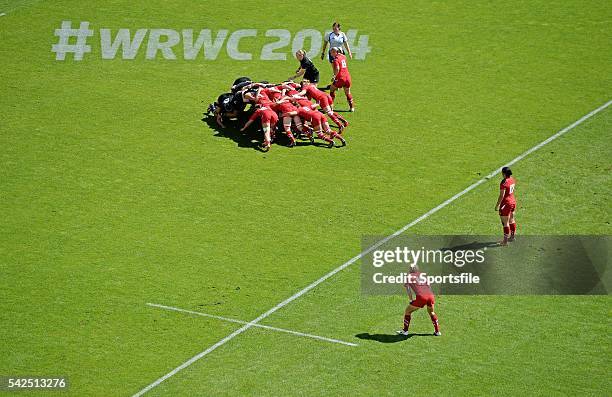 August 2014; A general view of a scrum during the match between New Zealand and Wales. 2014 Women's Rugby World Cup 5th Place Semi-Final, New Zealand...