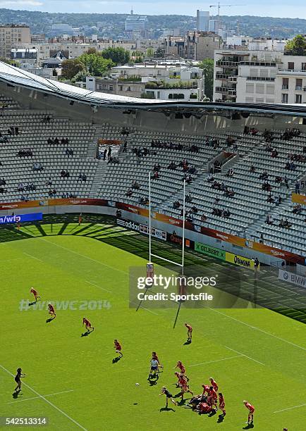 August 2014; Action from New Zealand against Wales with Paris in the background. 2014 Women's Rugby World Cup 5th Place Semi-Final, New Zealand v...