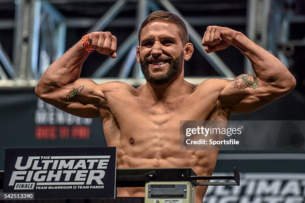 December 2015; Chad Mendes weighs in ahead of his featherweight bout against Frankie Edgar. The Ultimate Fighter Finale: Weigh-In, MGM Grand Garden...