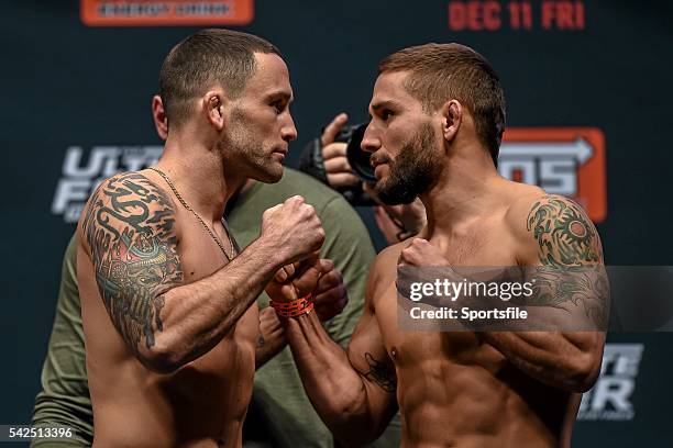 December 2015; Frankie Edgar, left, faces off against Chad Mendes ahead of their featherweight bout. The Ultimate Fighter Finale: Weigh-In, MGM Grand...