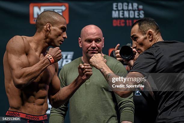 December 2015; Edson Barboza, left, faces off against Tony Ferguson ahead of their lightweight bout. The Ultimate Fighter Finale: Weigh-In, MGM Grand...