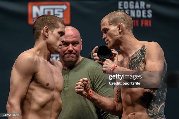 December 2015; Joe Lauzon, left, faces off against Evan Dunham ahead of their lightweight bout. The Ultimate Fighter Finale: Weigh-In, MGM Grand...